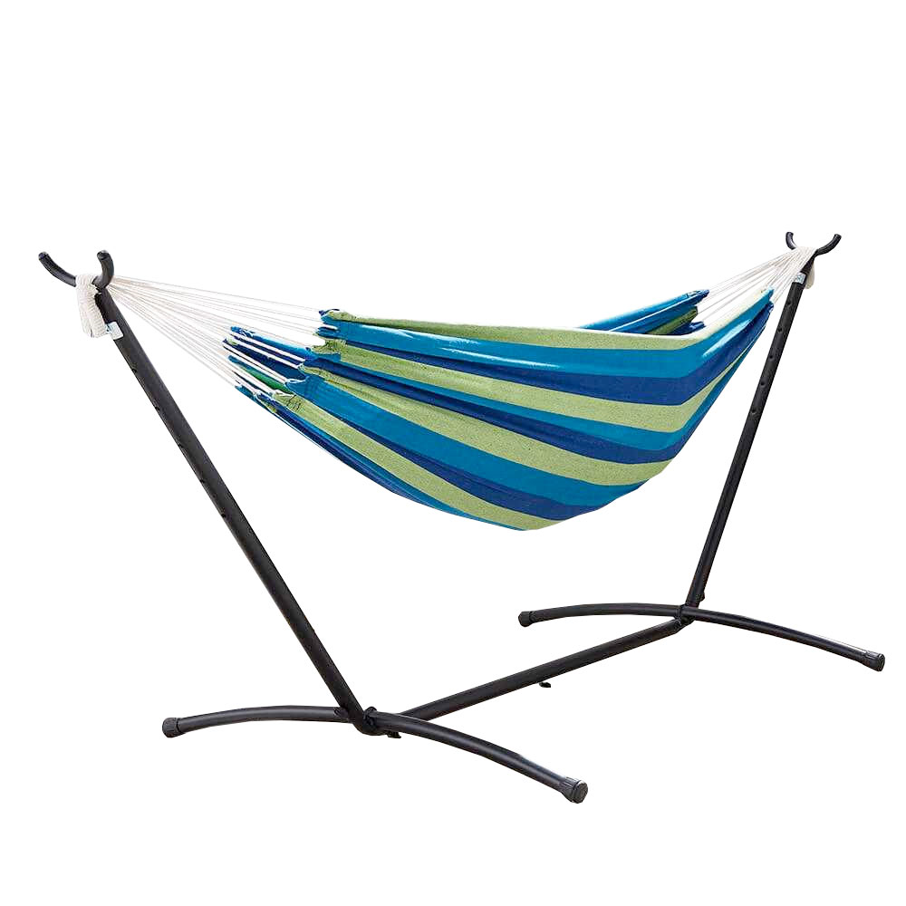 Blue Striped Double Hammock with Folding Stand - Double Hammock with Folding Frame